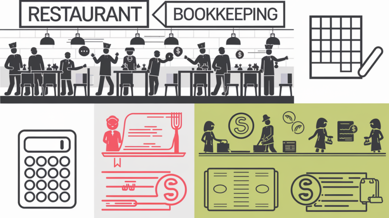 Block illustration of a restaurant with bookkeeping icons, representing the importance of financial management.