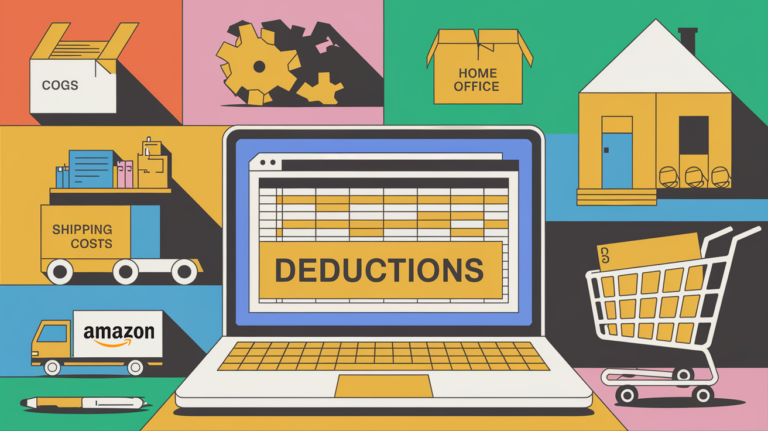 Block illustration of an Amazon FBA seller's workspace with icons representing key tax deductions.