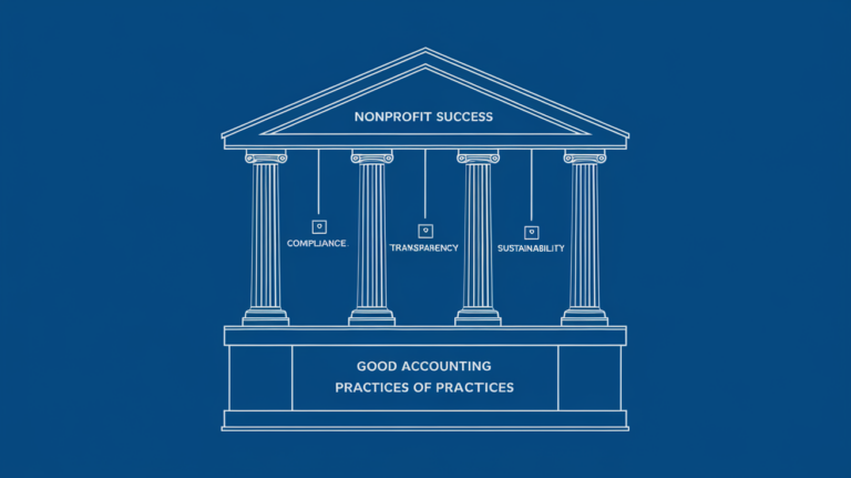 An architectural drawing showing "Good Accounting Practices" as the foundation supporting pillars of "Compliance," "Transparency," and "Sustainability," leading to "Nonprofit Success."