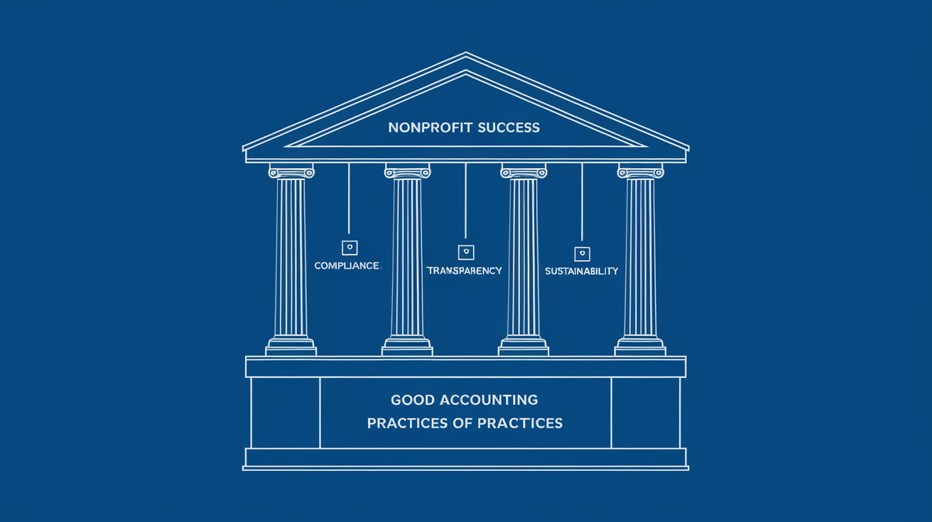 An architectural drawing showing "Good Accounting Practices" as the foundation supporting pillars of "Compliance," "Transparency," and "Sustainability," leading to "Nonprofit Success."