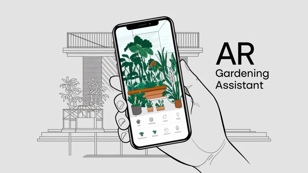 A hand holding a phone with an AR app showing a virtual garden on a balcony.