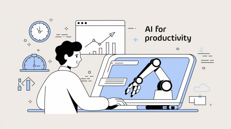 Line art of person working with AI assistance, with icons for efficiency and 'AI for Productivity' text