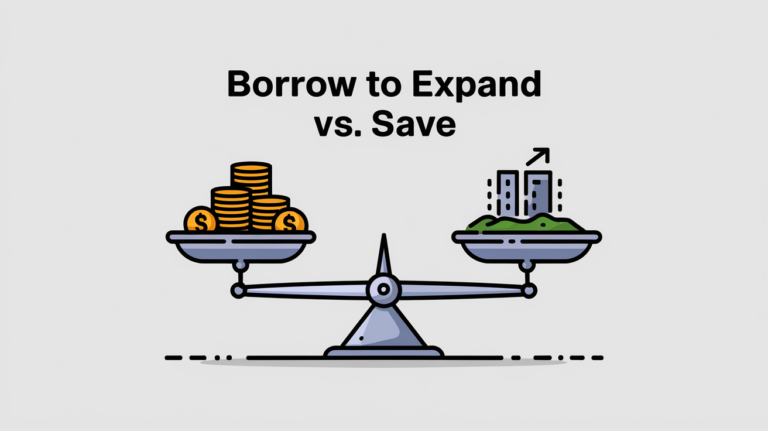 Vector art of a balance scale with 'Borrow to Expand vs. Save' text, weighing coins against a building with an upward arrow.