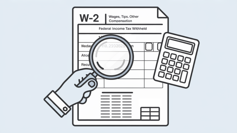 Vector line art of a hand holding a magnifying glass over a W-2 tax form.