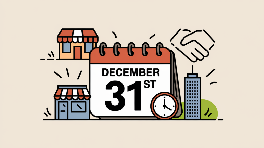 Line art calendar showing December 31st deadline with business icons