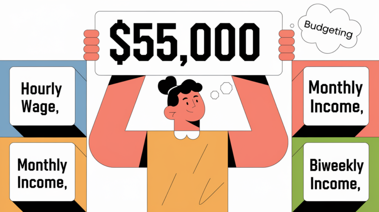 Block illustration showing a person with a '$55,000' sign and blocks representing hourly, monthly, and biweekly income.