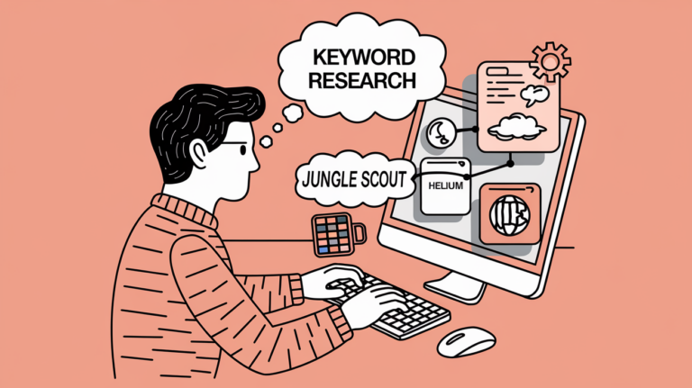 Line art of a person performing keyword research using tools like Jungle Scout and Helium 10.