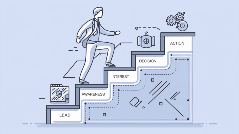 Line art of a person climbing a sales funnel staircase.