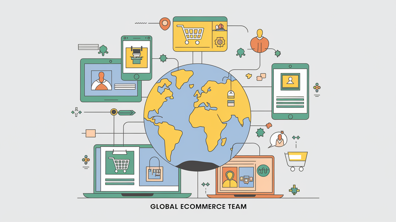 Geometric vector art depicting a global ecommerce team connected through various devices.