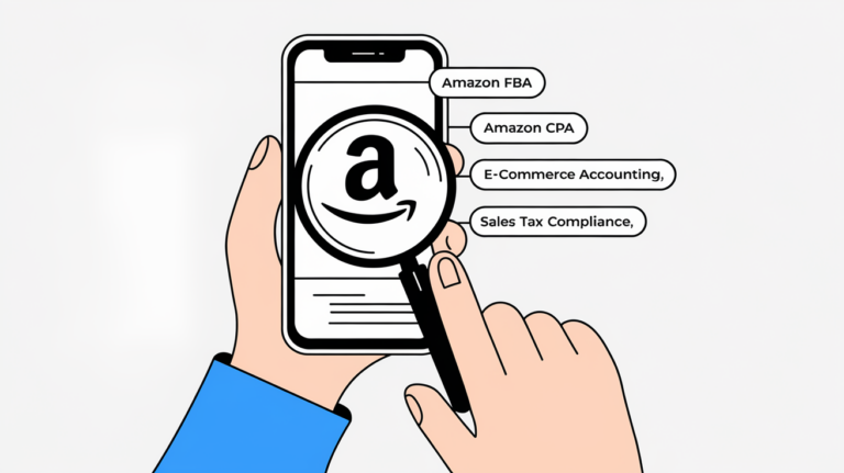 Vector line art of a hand holding a smartphone with Amazon logo and keywords.