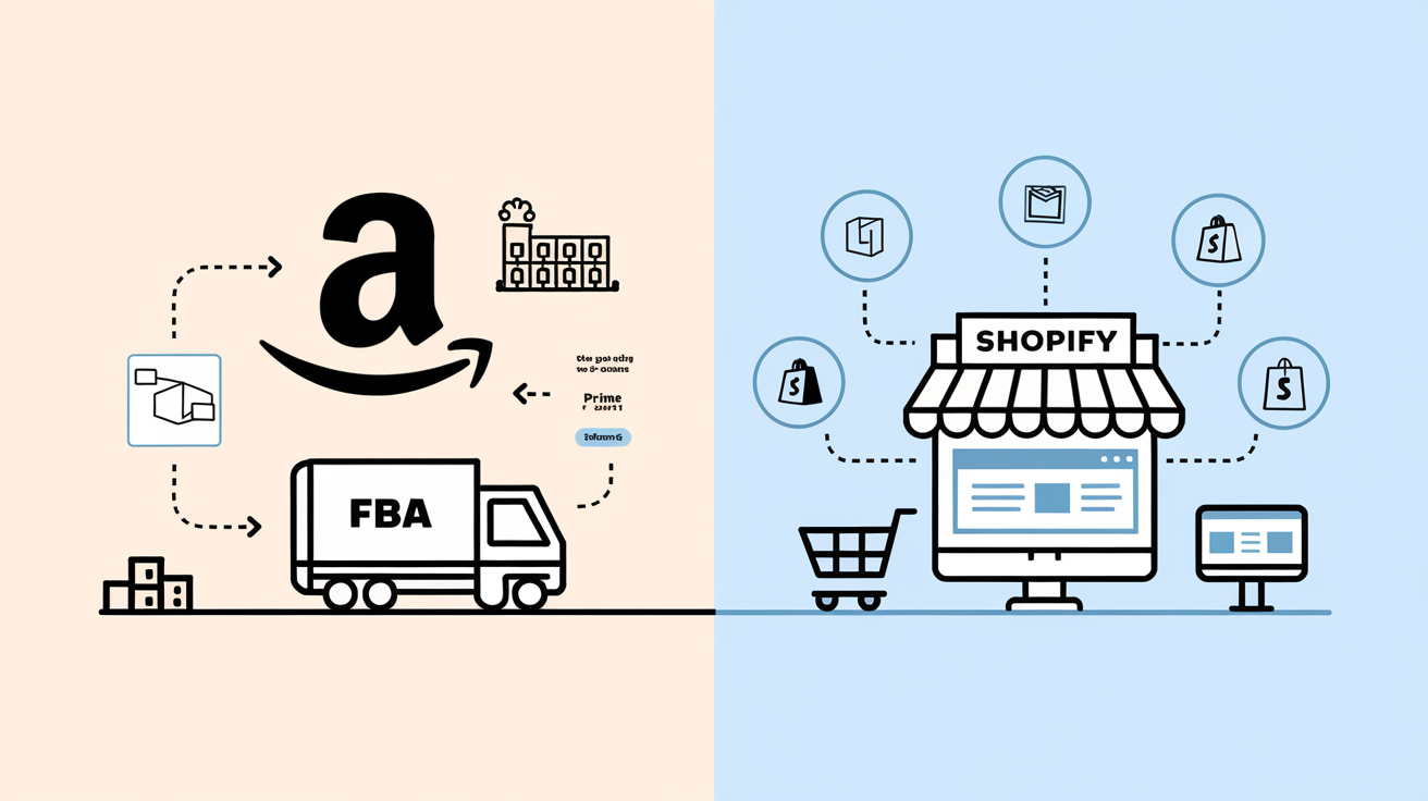 Vector line art comparing Amazon FBA and Shopify, with icons representing their features