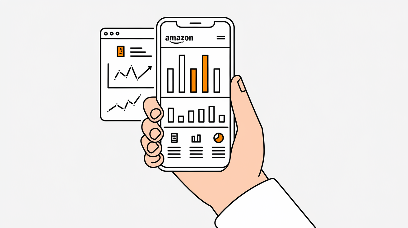 Hand holding a smartphone with the Amazon Seller Central app displaying sales data