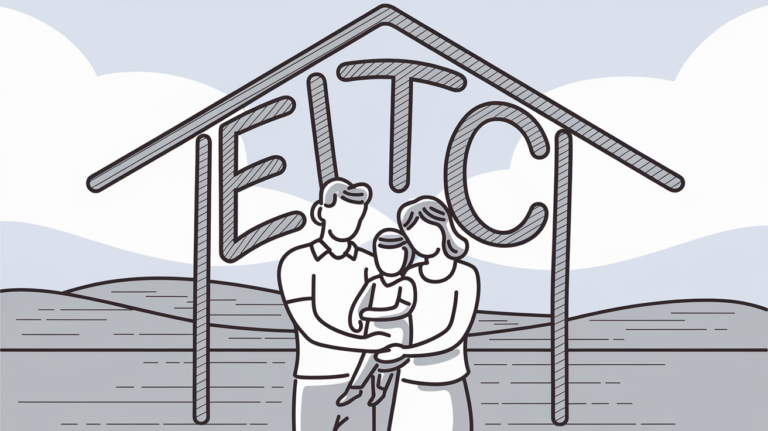 A family huddled together under a large "EITC" symbolizing a protective roof.