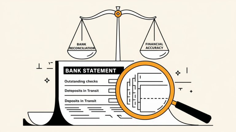 Vector line art of a magnifying glass inspecting a bank statement with a balanced scale in the background.