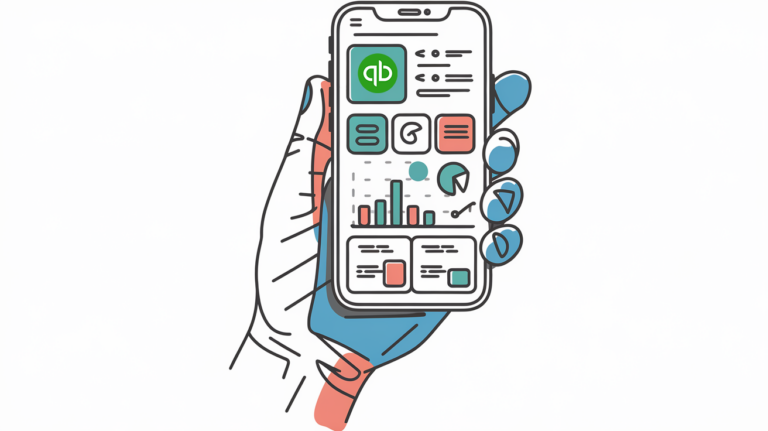 Line art of a hand holding a smartphone with an accounting app open