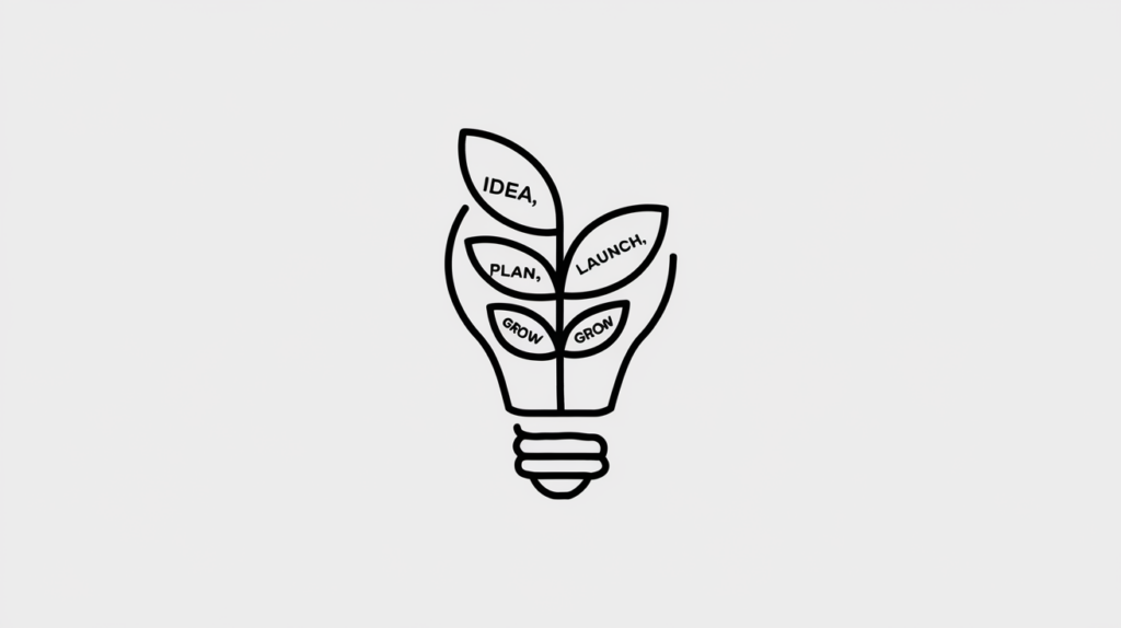 Line art of a light bulb with a plant growing from it, labeled with the words "Idea, Plan, Launch, Grow."