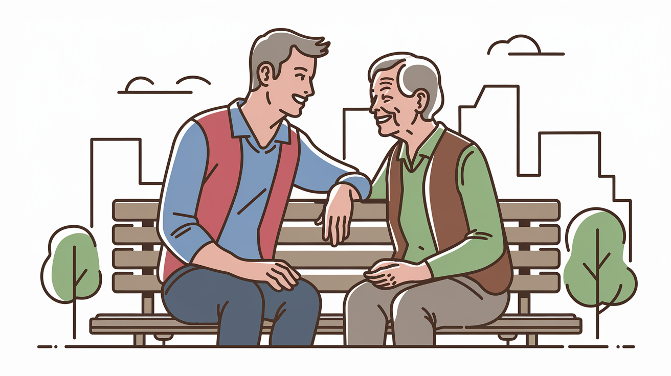 A young adult and an elderly person enjoying a conversation on a park bench.