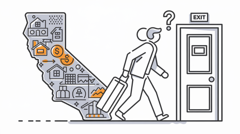 Line art person leaving California with suitcase