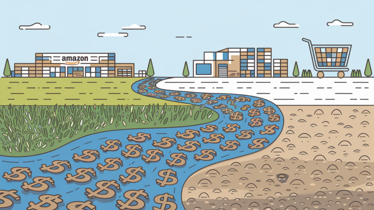 Line art drawing of a river made of dollar signs, representing cash flow, flowing past Amazon-related icons.