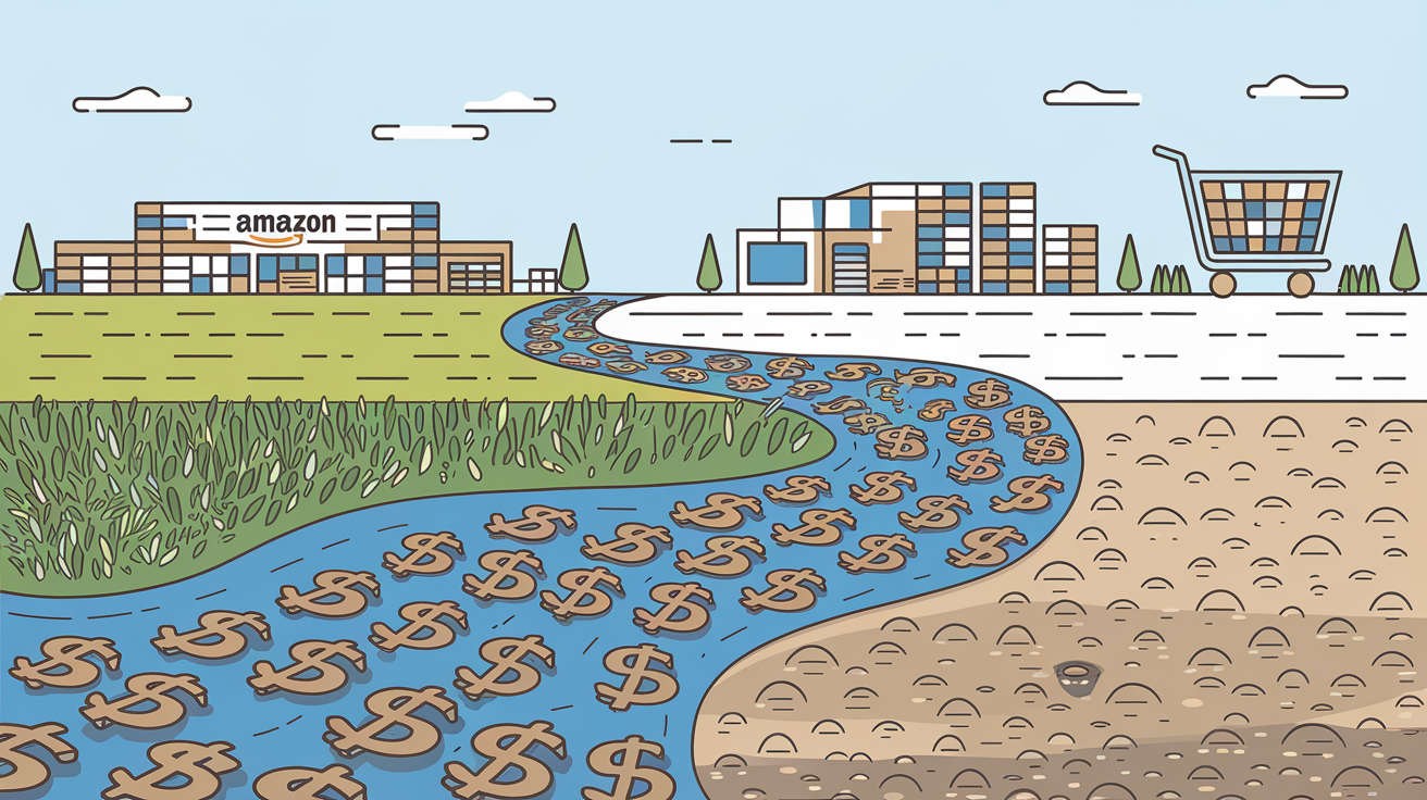 Line art drawing of a river made of dollar signs, representing cash flow, flowing past Amazon-related icons.