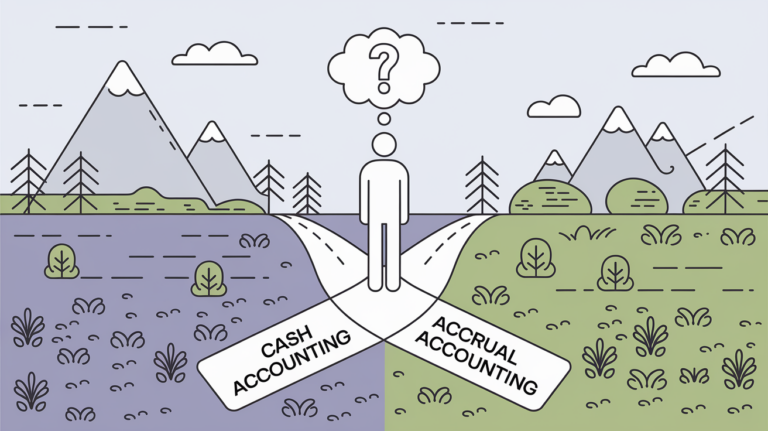 Line art of a person at a crossroads with paths labeled "Cash Accounting" and "Accrual Accounting"