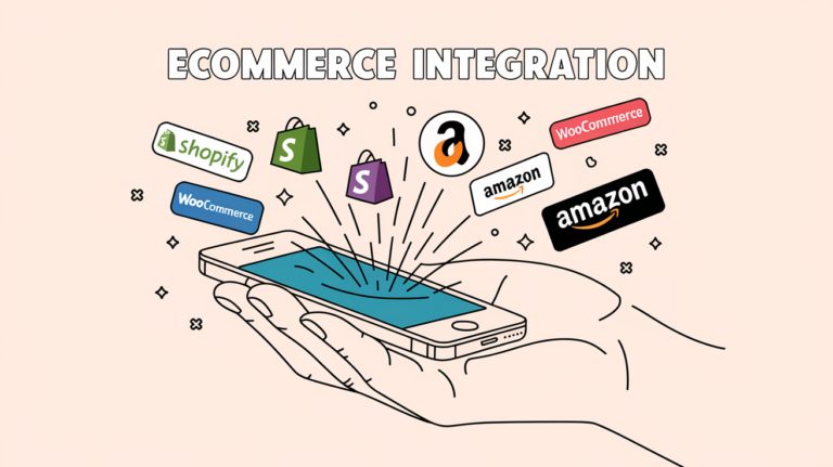 Vector line art of hand holding phone with ecommerce platform logos