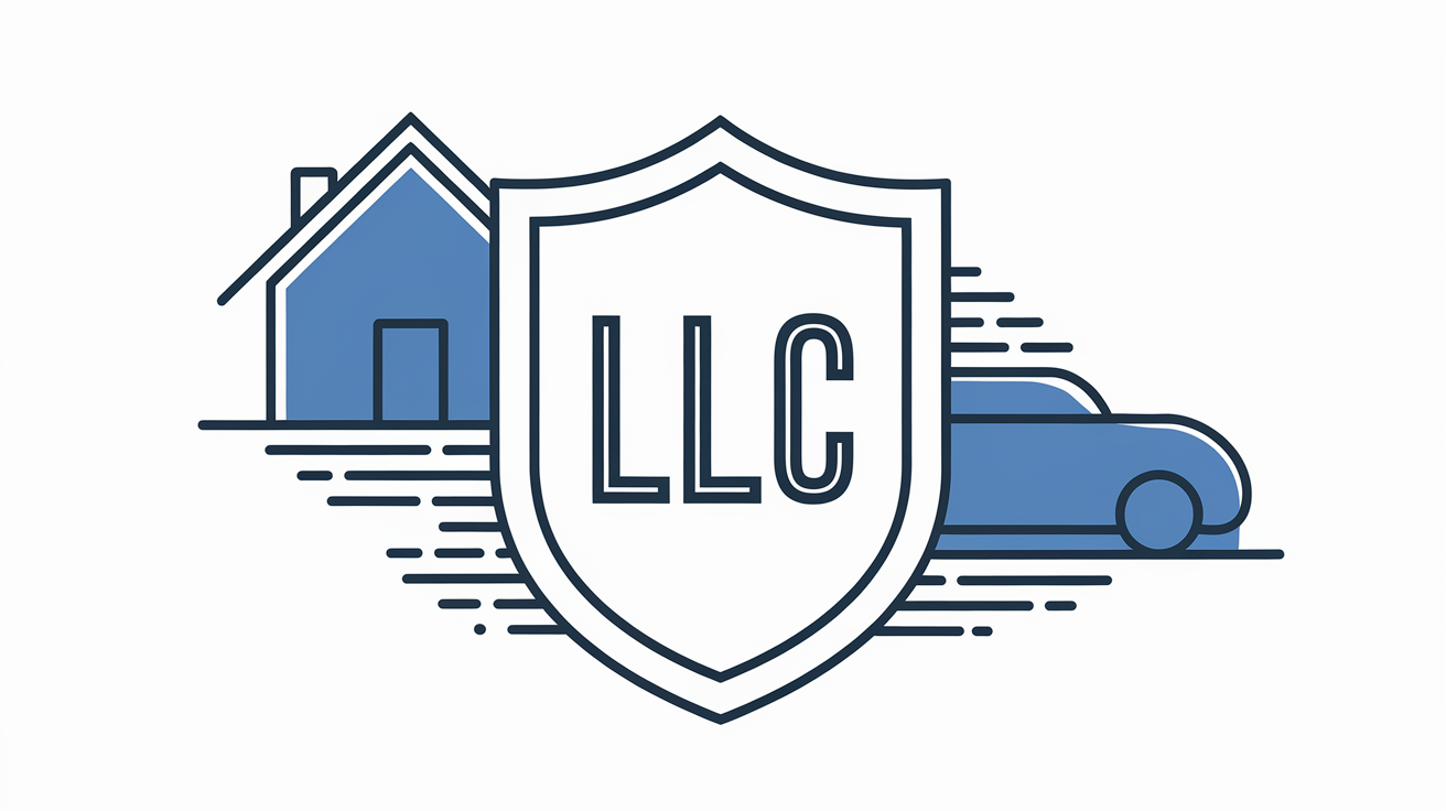 A shield with "LLC" protecting a house and car