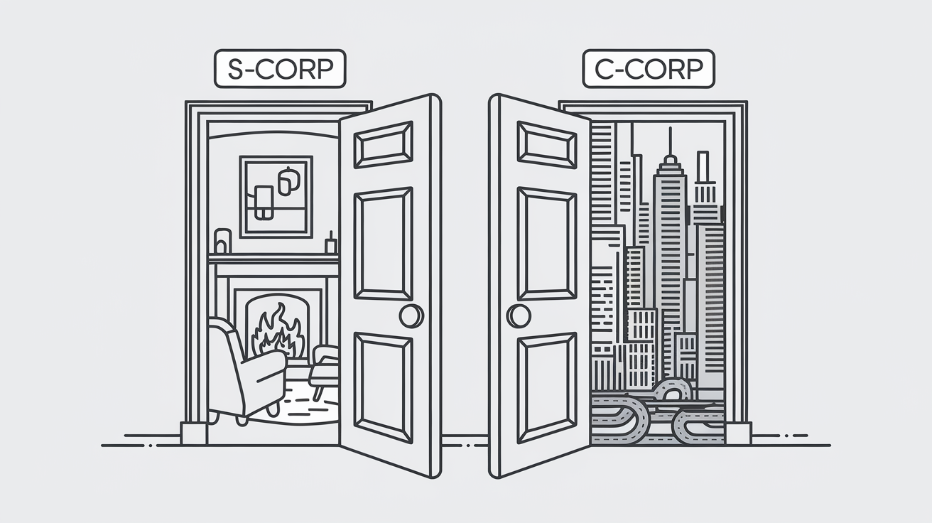 Two doors labeled "S-Corp" and "C-Corp" leading to different scenes.