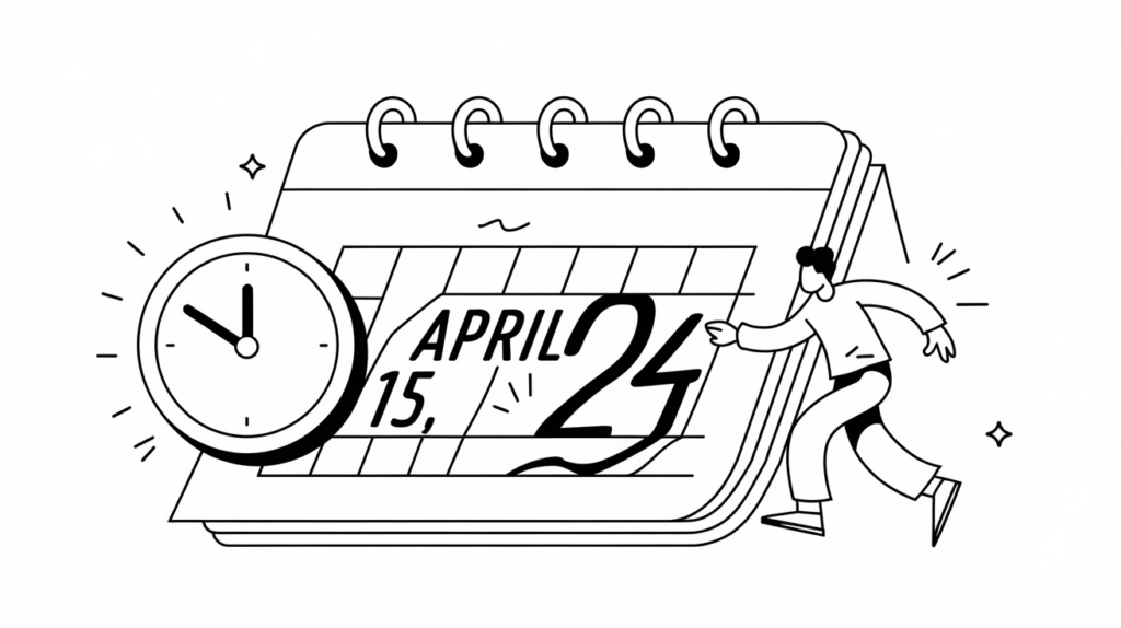 Line art of a calendar with 'April 15, 2024' and a clock nearing midnight