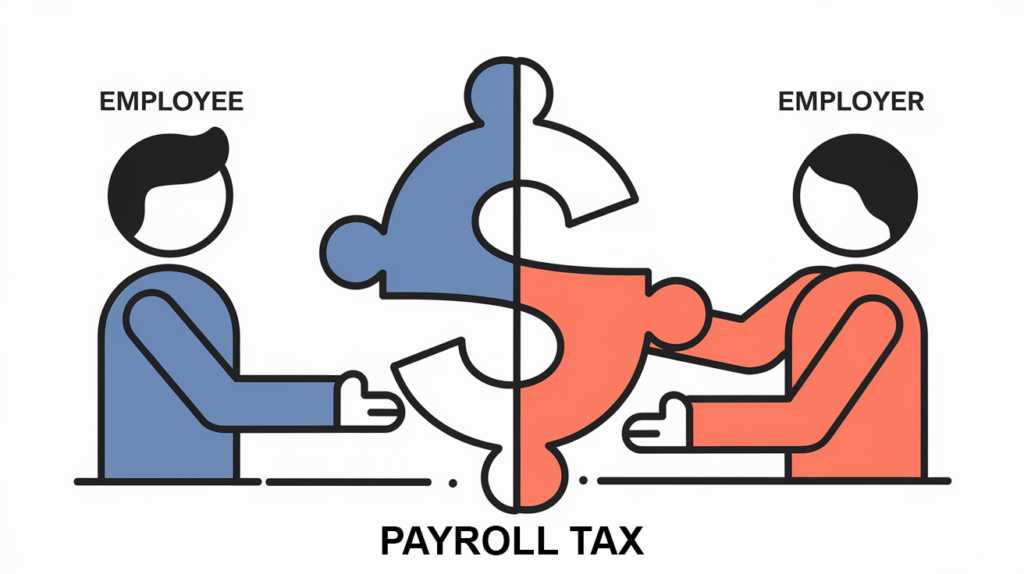 Line art illustration of two figures, "Employee" and "Employer," holding puzzle pieces that form a dollar sign