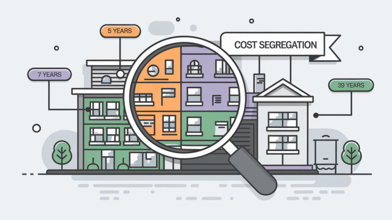 Line art graphic depicting cost segregation analysis of a building with different depreciation schedules.