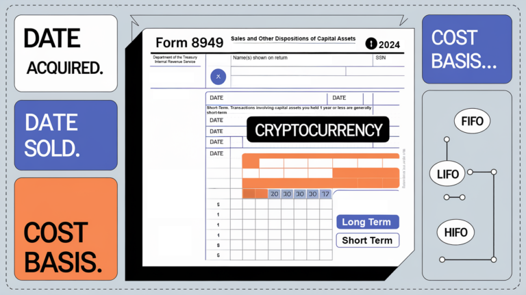 Block illustration of Form 8949 with key fields and cost basis methods highlighted, relevant to cryptocurrency tax reporting.