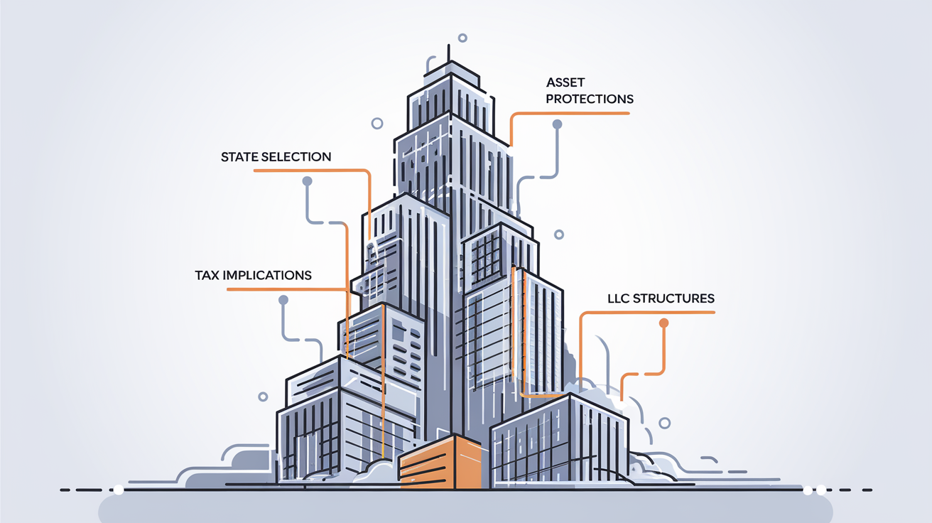 Line art drawing of a skyscraper built with words related to LLC formation.