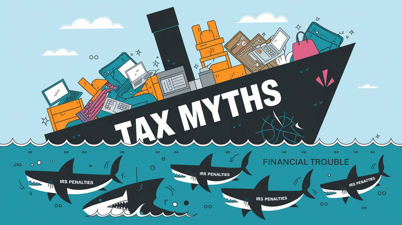 A line art drawing of a sinking ship labeled "Tax Myths" surrounded by sharks labeled "IRS Penalties."