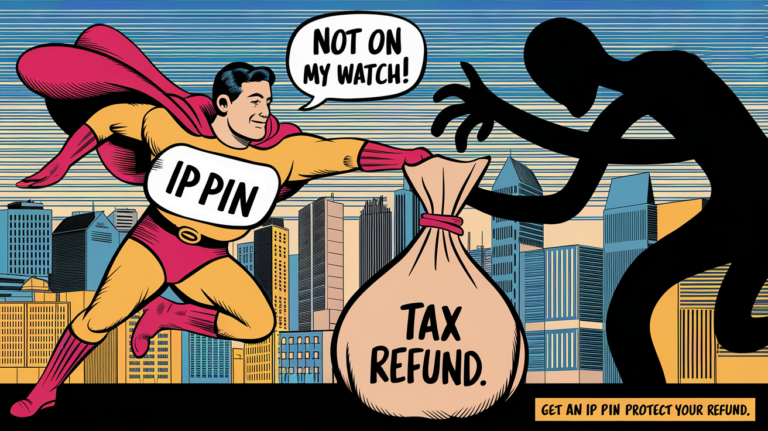 Block illustration of an IP PIN superhero protecting a tax refund from a thief.