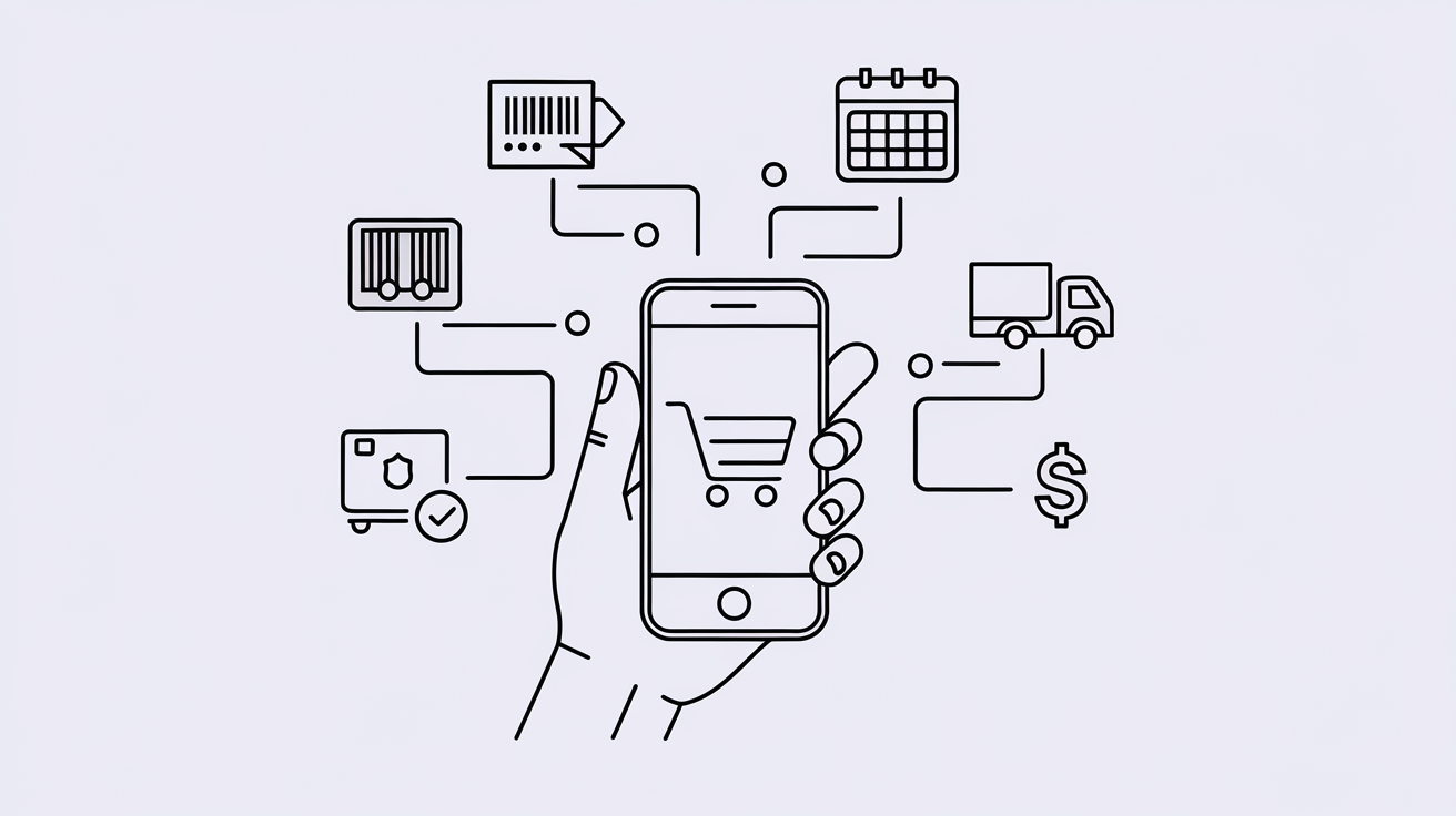 Vector line art of a smartphone connected to e-commerce accounting icons.