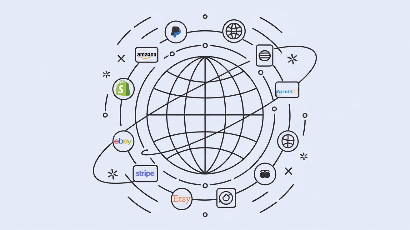 Vector line art of a globe with shipping routes and payment gateway icons.