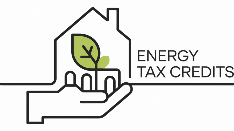 A hand holding a leaf with a house in the background and the text "Energy Tax Credits.