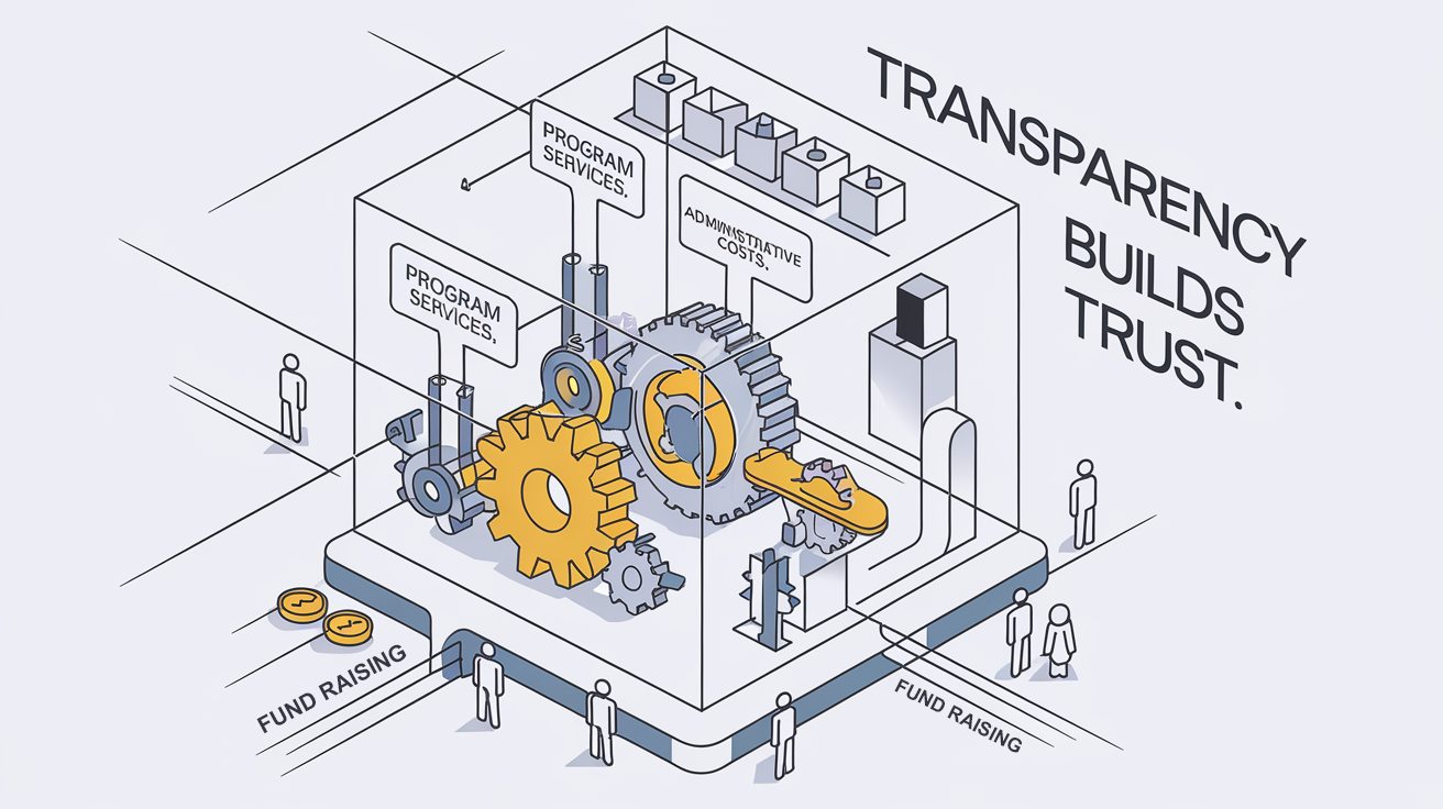 Isometric vector art of a transparent non-profit building with visible financial flows, symbolizing financial transparency.