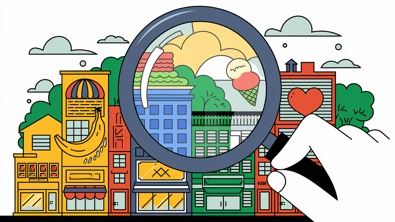 Magnifying glass examining a city with diverse businesses.