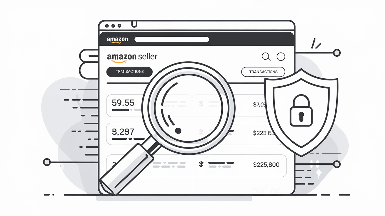 Magnifying glass inspecting Amazon seller account data with a security shield in the background.