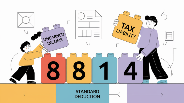 Block illustration of a parent and child building with Lego blocks that form '8814,' representing Form 8814 and the Kiddie Tax.