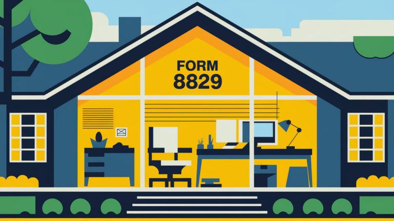 Block illustration of a house with a highlighted home office, referencing Form 8829.