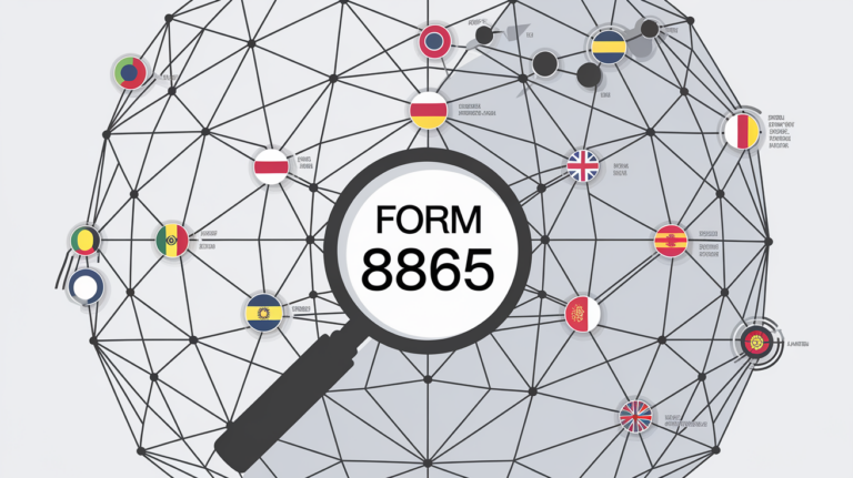 Geometric line art of a globe with connections to different countries, representing foreign partnerships. A magnifying glass with "Form 8865" highlights the need for reporting.