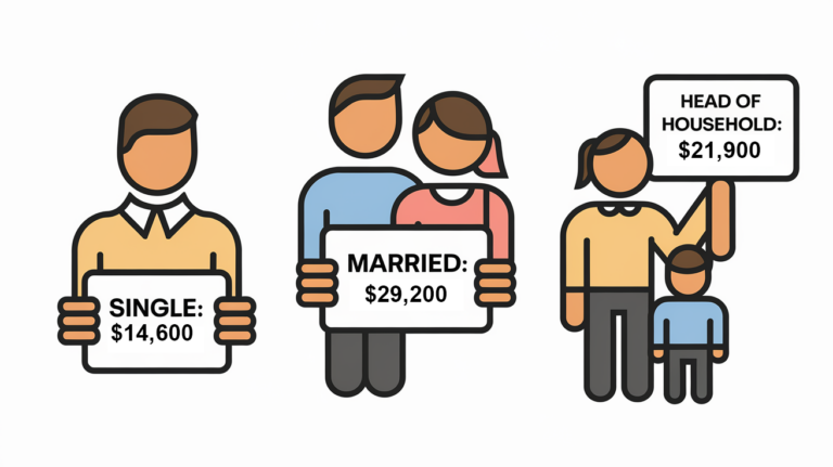 Three figures representing different filing statuses, each holding a sign with the standard deduction amount.