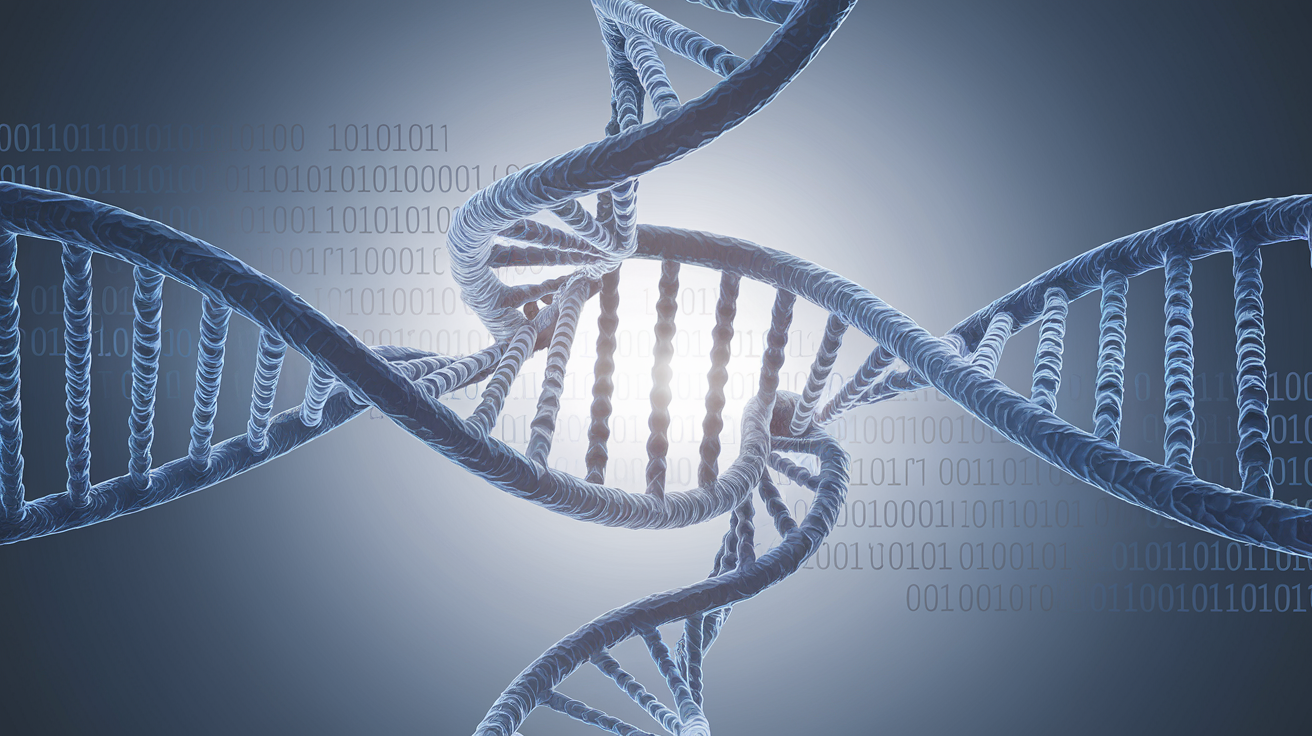 Vector line art of a DNA double helix with one half transforming into a binary code sequence. The helix should be centrally positioned with a soft light source illuminating it from behind.