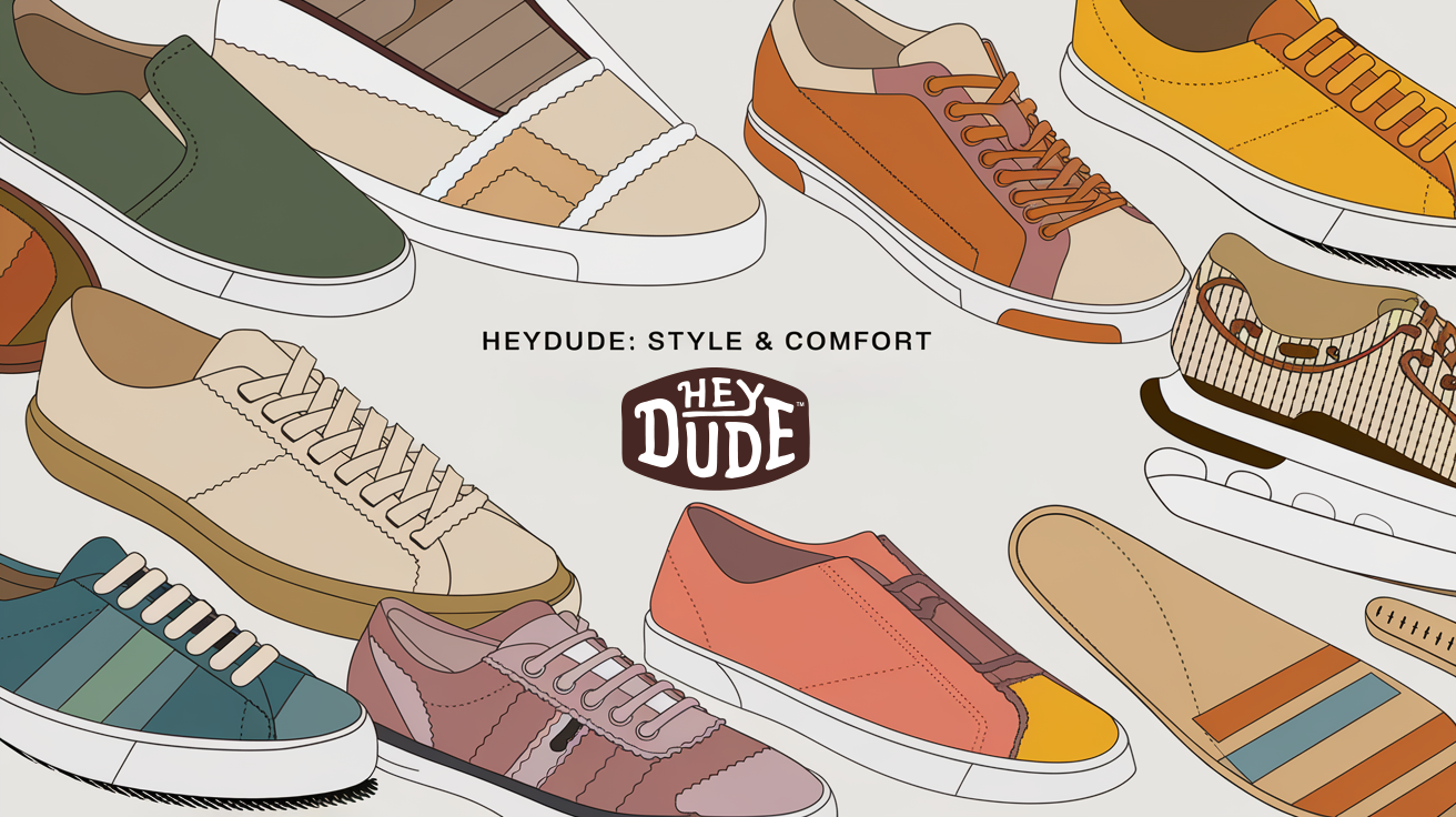 Line art illustration of various HEYDUDE shoes showcasing product diversity