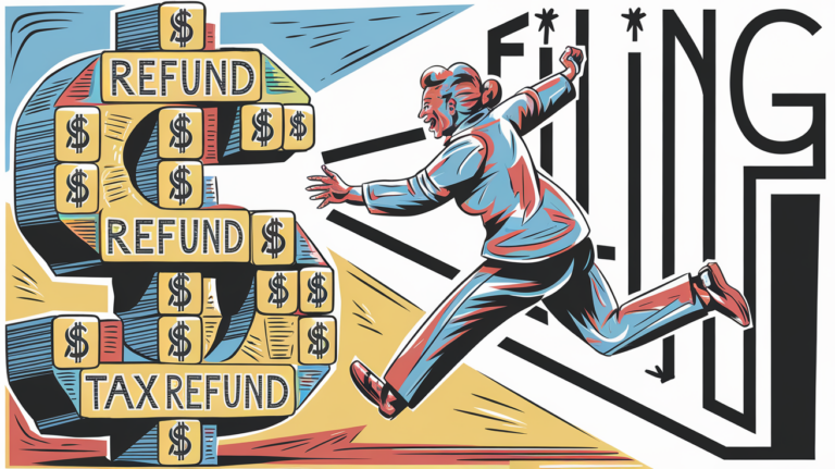 Block illustration of a person joyfully jumping towards a large dollar sign representing a tax refund.