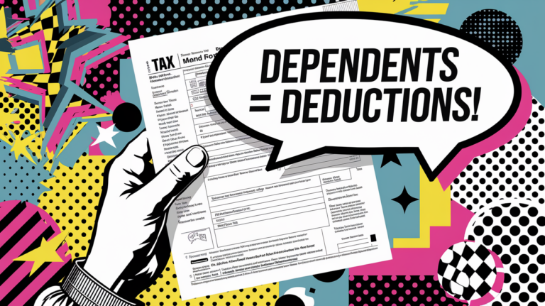 Pop Art illustration of a hand holding a tax form with a speech bubble emphasizing the connection between dependents and deductions.