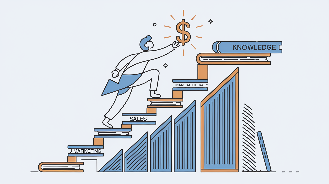 Line art drawing of a person climbing stairs of books towards a dollar sign.